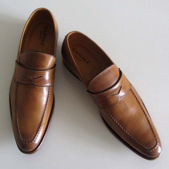 new CANALI antiqued tan penny strap loafers 46 13 - Picture 3 of 6
